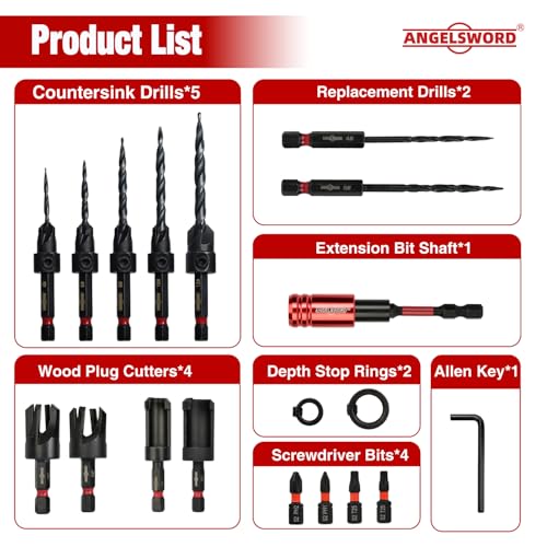 ANGELSWORD Countersink Drill Bit Set for Wood,19pc with Wood Plug Cutter