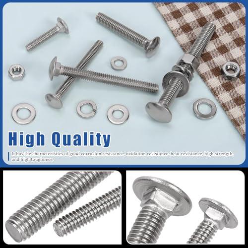 Glarks 80pcs 1/4-20x1-1/4’’, 1/4-20x2-1/2’’, 5/16-18x2’’, 5/16-18x3’’, 3/8-16x3-1/2’’ Carriage Bolts Screws, Round Head Square Neck Bolts, Square Neck Carriage Bolts Screws with Nuts and Washers