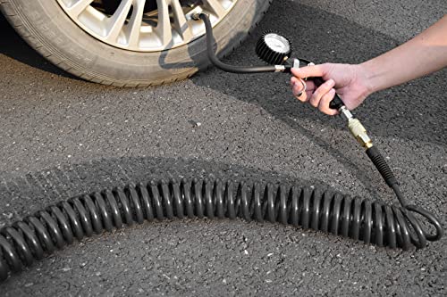 YOTOO Polyurethane Recoil Air Hose 3/8" Inner Diameter by 25' Long with Bend Restrictor, Repairable 1/4" Industrial Quick Coupler and Plug, Gray - size: 25 FT