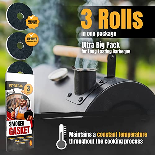 XXL 30 FT Grill Gasket for Smokers - Black 1/2’’ x 1/8’’ Hi Temp Seal Smoker Gasket – 3-Pack x 10 FT Self Stick Black Nomex Fire Tape for BBQ Lid – High Heat Temperature Material Replace - style: Universal Gasket - 30 FT