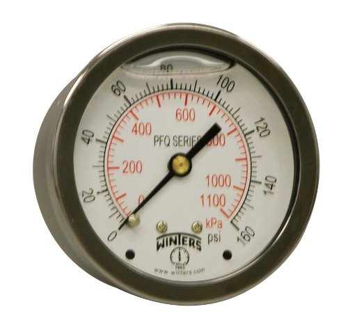 Winters 2-1/2" Dial Size, Liquid Filled Industrial Pressure Gauge, Brass Internals, 304 Stainless Steel Case, Dual Scale 0-160 psi/kPa, 1.5% Acc, 1/4" NPT Back Mount, Glycerin Filled Pressure Gauge - style: 0/160 PSI/kPa