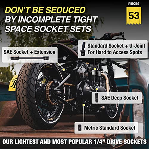 TIGHTSPOT 1/4" Drive 53pc Impact Socket PRO SET, our Most Popular Set Ever with SAE & Metric from 3/16 Inch - 9/16 Inch, 4mm-15mm, Standard/Deep Sockets, Extension Bars, Adapter & More - size: 1/4” Drive 53pc Impact Socket Set