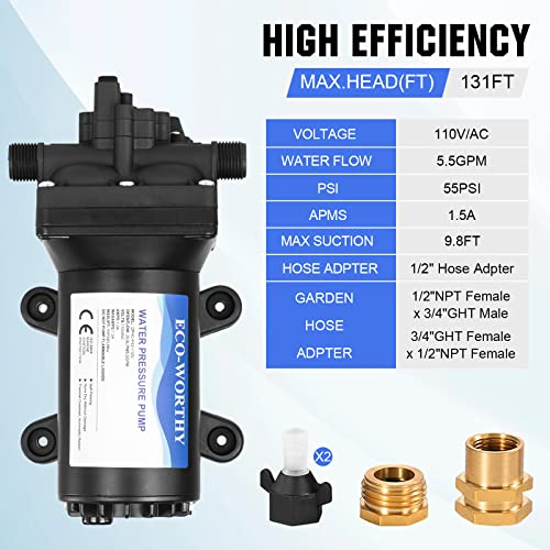 ECO-WORTHY Industrial Water Pressure Diaphragm Pump 110V 5.5GPM 55PSI On Demand RV Fresh Water Pump 110Volt include Garden Hose Adapters for Transfer Booster Heater Barrel Sprinkle Irrigation - color: Black 6