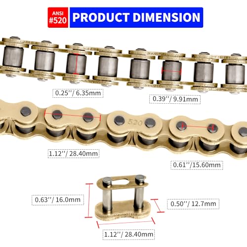 520 Gold Motorcycle Chain 120 Links with Chain Breaker, 520 Standard Roller Chain with 5 Connecting Master Links