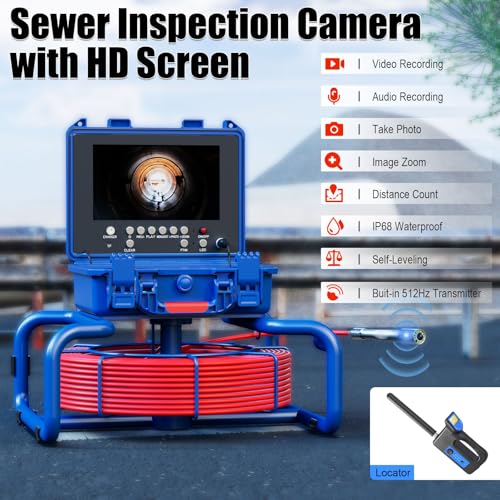 Sewer Camera with Locator/Distance Counter/Self-Leveling Inspection Pipe Camera 9-inch 1080P Screen/7mm Thicker Cable - size: 100M