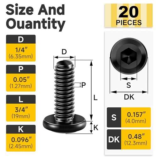 20Pcs 1/4 Bolts, 1/4-20 x 3/4" Flat Head Hex Socket Head Cap Screw Bolts, 1/4 Screws 304 Stainless Steel Furniture Screws Full Thread, Black Oxide & Hex Spanner by Mywish - size: 1/4-20 x 3/4"