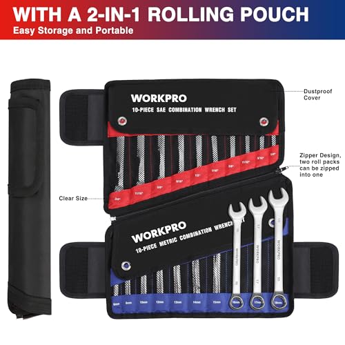 WORKPRO 20-Piece Combination Wrench Set, Metric 6-18mm & SAE 1/4"-3/4"