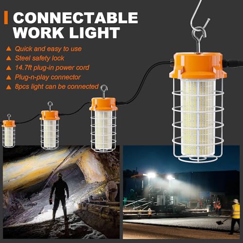 150W LED Temporary Work Light 22500lm 5000K Construction Lighting Temp Light High Bay Fixture, Hanging Temporary Work Lights with Stainless Steel Safety Guard Sturdy Hook for Mine Workshop Jobsite - style: 150W