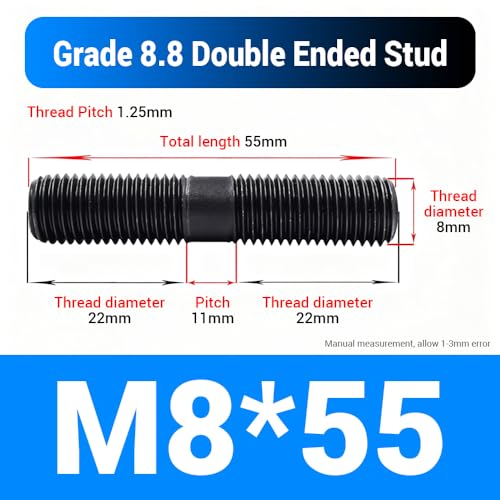 60pcs M8*55mm Double End Threaded Stud, Grade 8.8 Carbon Steel Black Oxide Finish Equal Long Threaded Rod Bar for Furniture Industrial Maintenance Connection Fasteners - size: M8*55-60PCS