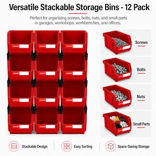 12 Pack Stackable Plastic Parts Bins, 7x5x4 in, Red - color: Red-12 Pack, size: 7"x5"x4"