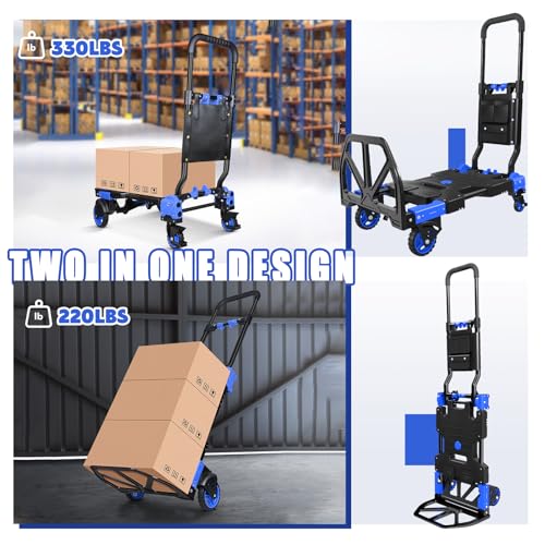 Folding Hand Truck, 2 in 1 Portable Heavy Duty Carrying Moving Dolly Cart with 4 Foldable Wheels and Retractable Handle Duty 330lbs (Blue) - color: Blue-c