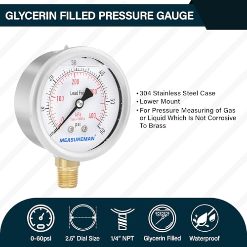 MEASUREMAN Lead-Free Pressure Gauge, 2-1/2inch Dial, Glycerin Filled, 0-60psi/kpa, Stainless Steel Case, 1/4inchNPT Lower Mount - size: 0-60 psi, style: Lower Mount(Lead-Free)