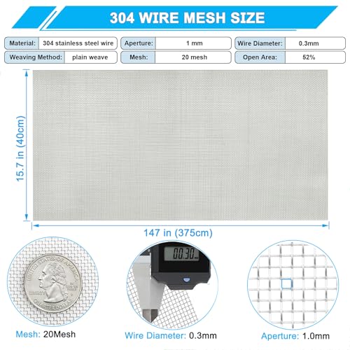 304 Stainless Steel Wire Mesh Screen 20 Mesh, 15.7"x 147", 1mm Hole - size: 15.7"x147"(40x375cm), style: 20Mesh x 0.30mm