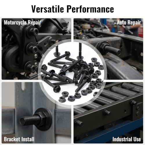 Minho M6-1.0 x 40mm Flange Head Bolts in Carbon Steel Material,Flange Hexagon Screws Come with Flange Nuts,Black Oxide Finish Plated,Partial Thread, 25 Sets - size: M6-1*40