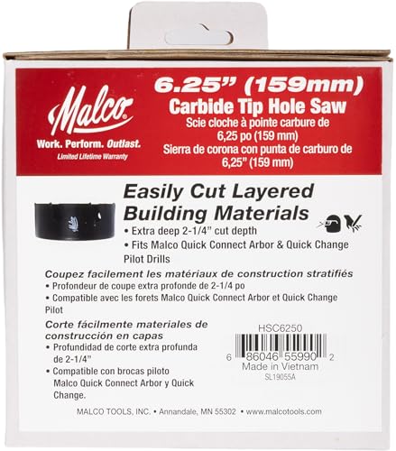 Malco HSC6250 6-1/4" (159 mm) Malco Carbide-Tipped Hole Saw for Stucco, Cement Board, Siding & Nail-Embedded Wood – Heavy-Duty Thick Wall Steel Body