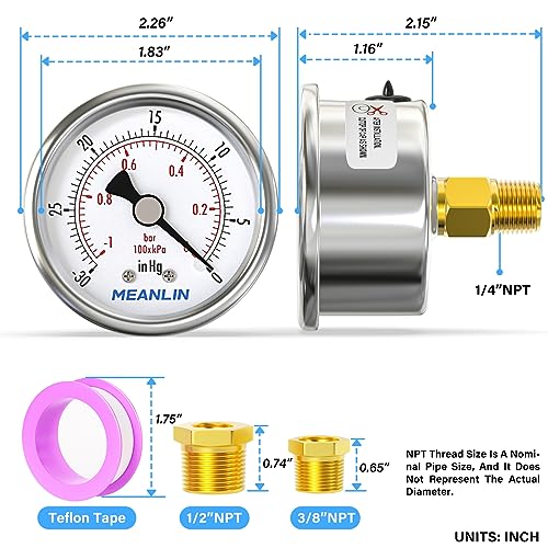 MEANLIN MEASURE -30inHG~0Psi Vacuum Gauge Stainless Steel 1/4" NPT 2" FACE DIAL Waterproof for Air Compressor HVAC Negative Pressure Hand Pump Pool Back Mount with 1/2" NPT and 3/8" NPT Hex Bushing - size: -15-0Psi