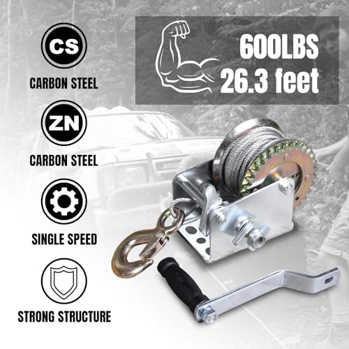 Big RED ATRT1061CRR Torin Manual Hand Crank Winch: 26.3ft Steel Cable with 600lbs Capacity, Silver - size: 600 lbs upgrade, style: Steel Cable