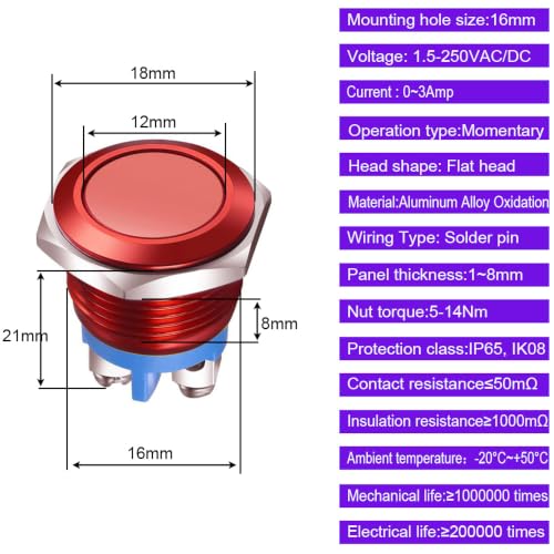 Gebildet 2pcs 16mm 3A/12V 24V 36 DC 110V 250VAC 1NO SPST Momentary Push Button Switch IP65 waterproof Aluminium Alloy Shell Screw Terminal (Red Shell) - size: 16mm-Red