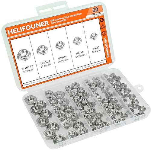 HELIFOUNER 80 Pieces 5 Sizes Flange Nuts, Serrated Flange Hex Lock Nuts Assortment Kit, 304 Stainless Steel (#6-32#8-32#10-24 1/4"-20 5/16"-18) - size: #6-32, #8-32, #10-24, 1/4"-20, 5/16"-18