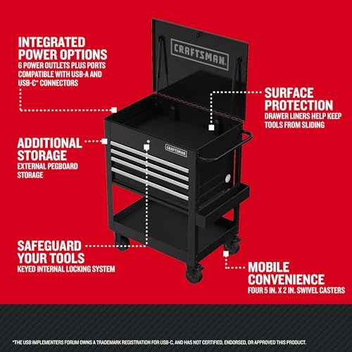 CRAFTSMAN Rolling Tool Box with Drawers, Tool Cart on Wheels with Power Outlets and USB Port, Protective Liner, Steel Rolling Cart Locking Storage Cabinet, 22 Inch Deep 4 Drawers, Black (CMST98276BK) - color: Black