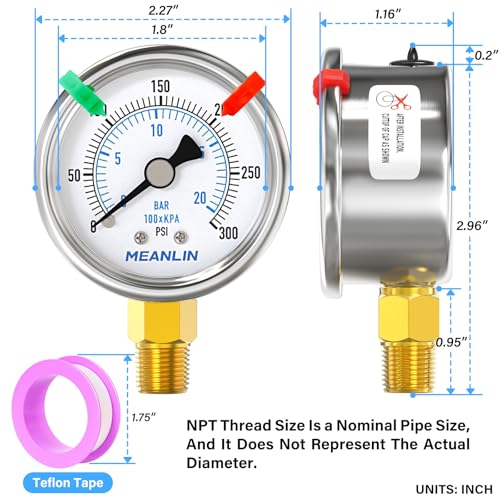 MEANLIN MEASURE 0~300Psi Dry Pressure Gauge Stainless Steel 1/4" NPT 2" FACE DIAL Waterproof for Air Compressor Air Regulator Water Filter Center Back Mount (with 2PCS Snaps) - size: 0-300Psi