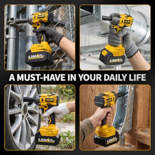 FULLYEA Cordless Impact Wrench 1/2, Max 550N. M/406Ft-lbs High Torque Brushless Impact Wrench, Power Impact Gun Kit with 21V 4.0Ah Battery & Fast Charger, Electric Impact Driver for Truck RV Home Car