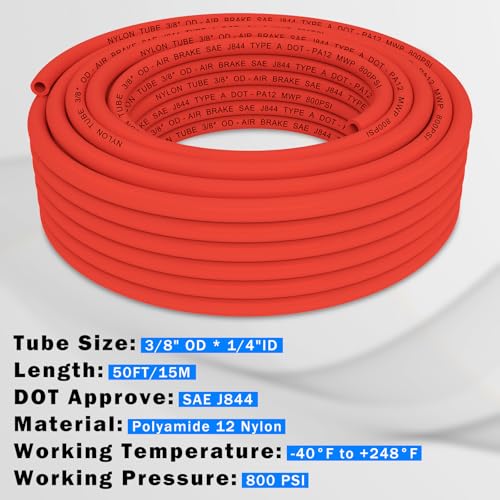 CheeMuii 50FT 3/8" DOT Air Line 3/8 Air Hose PA12 Nylon Pneumatic Tubing - color: Red, size: 3/8"OD-50FT