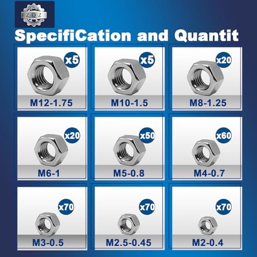 ZQZ 370 Pcs Metric Hex Nuts Assortment Kit Stainless Steel (M2-M12) Nut Set - size: Metric Hex Nuts Assortment;370 PCS