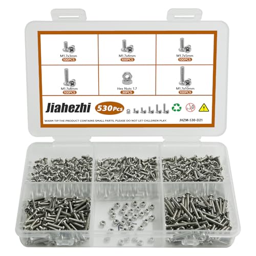 530Pcs 304 Stainless Steel Metric Micro Screws Nuts Assortment, M1.7x3/4/5/6/8mm Sizes, Phillips Pan Head, Fully Threaded Kit for Arduino, RC Models, Electronics, DIY Projects - size: M1.7x3/4/5/6/8- 530 Pcs