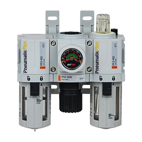 PneumaticPlus PPC2-N02G Mini Compressed Air Filter Regulator Lubricator Combo 1/4" NPT - Poly Bowl, Manual Drain, Embedded Gauge