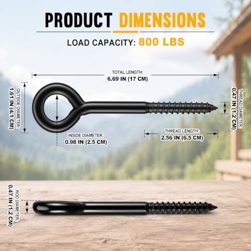 6 Pack 7" Eye Hooks Screw, 800 lb Carbon Steel Eye Bolts for Wood