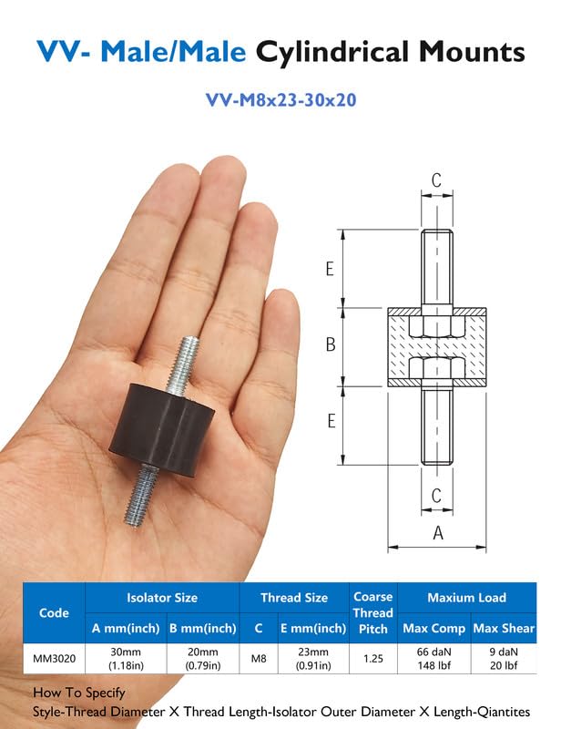 EASYEAH M8 Rubber Vibration Isolator Mounts Double Stud Shock Absorber - size: VV-M8x23-30x20