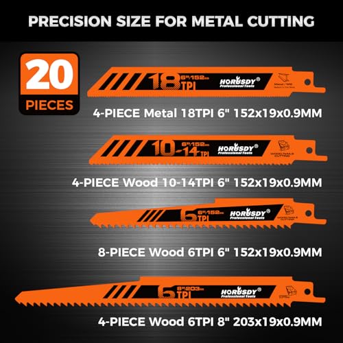 HORUSDY 20-Piece Reciprocating Saw Blades Set, 6 & 8 Inch Wood and Metal Cutting Blades with Storage Box, Multi-Size for Pruning, Wood, and Metal Cutting Tools - style: 20-Pc Multi-Size (Wood & Metal)