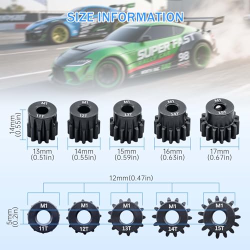 Metal Steel M1 Pinion Gear Sets 11T 12T 13T 14T 15T for 5mm Shaft Motor Gears with Hex Key for 1/8 RC Car Brushless Brush Motor Parts - size: 11T 12T 13T 14T 15T
