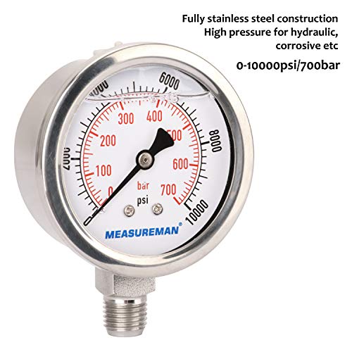 MEASUREMAN 2-1/2" dial,Glycerin Filled Hydraulics Pressure Gauge Stainless Steel case, 316 SS Wetted Part, 0-10000psi/bar1/4 NPT,Lower Mount - size: 0-10000 psi, style: Lower Mount(100% Stainless Steel)