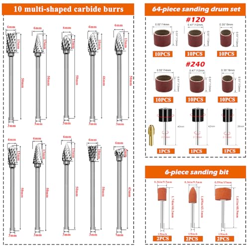 10PCS Tungsten Carbide Rotary Burr Set with 70PCS Sanding Drums, Rotary Tool Accessories, 1/8" Shank Double Cut Die Grinder Bits for Dremel, Wood Carving, Metal Engraving, Grinding & Polishing - color: 80PCS-5 STYLES