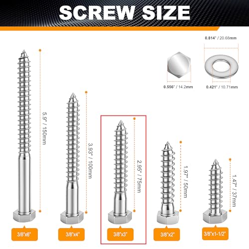 Hex Head Lag Bolts for Wood, Lag Screws 3/8" x 3",24 PCS - size: 3/8" x 3"