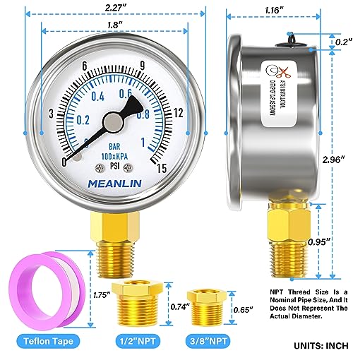 MEANLIN MEASURE 0~15Psi Dry Low Pressure Gauge Stainless Steel 1/4" NPT 2" FACE DIAL Waterproof for Water Oil Air Well Pump Tank Tire Pressure Test Lower Mount, with 1/2" NPT and 3/8" NPT Hex Bushing - size: 0-15Psi