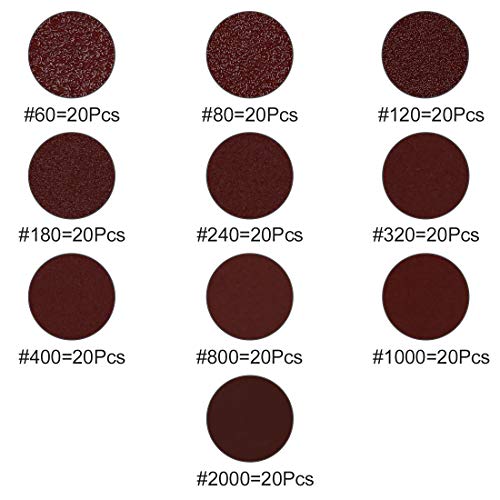 uxcell 200pcs 2 Inch Hook and Loop Sanding Discs Sandpaper 60 80 120 180 240 320 400 800 1000 2000 Grits for Car Polishing