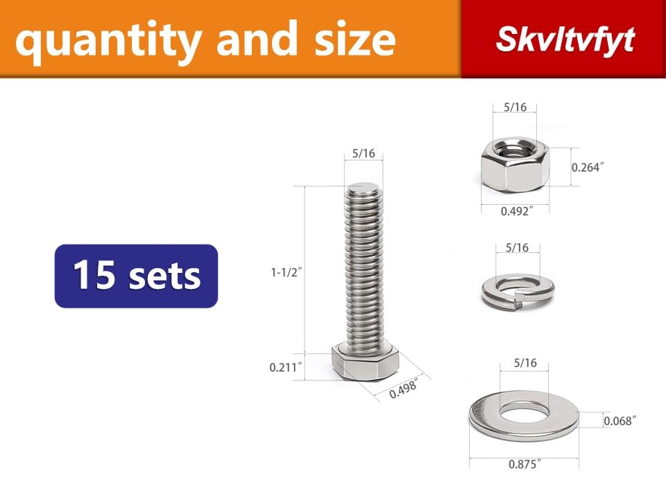 (15 Sets) 5/16-18 x 1-1/2" Hex Head Screw Bolt, Nuts, Flat Washer & Spring Lock Washers, 18-8 (304) Stainless Steel, Fully Threaded, by Skvltvfyt - size: 5/16-18x1-1/2" (15 Sets)