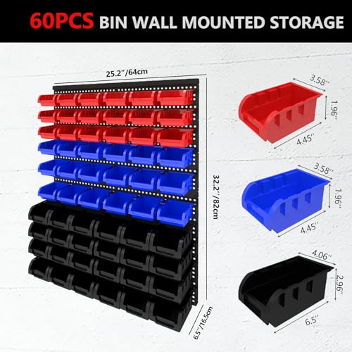 60Pcs Plastic Wall Mounted Storage Bins Parts Rack Nuts And Bolt Bins Organizer For Shop Garage for Screws, Nuts, Bolts, Nails, Beads, and Small Hardware Parts(RED+BLUE+BLACK, 60) - color: Red+Blue+Black, size: 60
