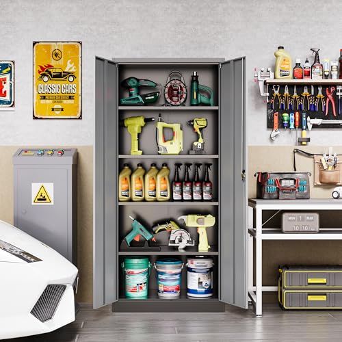 Metal Garage Storage Cabinet,71" H Tall Tool Cabinet with 2 Doors and 5 Adjustbale Shelves,Lockable Tool Cabinet for Garage,Basement,Home Office - color: Black Grey, size: 71"H x 31.5"W x 15.7"D - B