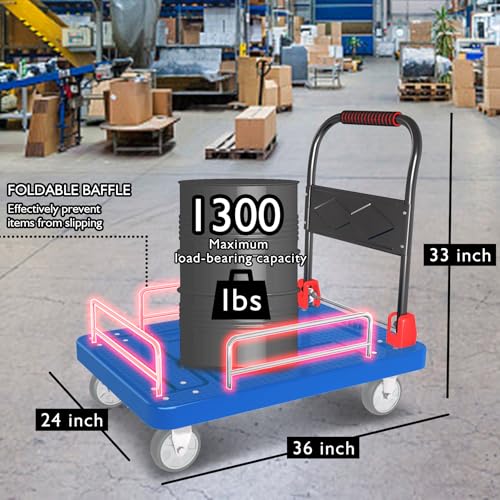 1300lbs Platform Truck with Brake Wheels & Foldable Fences - color: Blue, size: 36"x24"