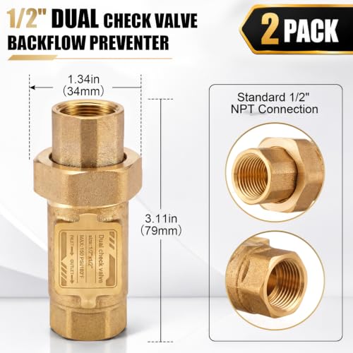 2 Pcs 1/2" Lead-free Brass Dual Check Valve, 1/2" FNPT Backflow Preventer