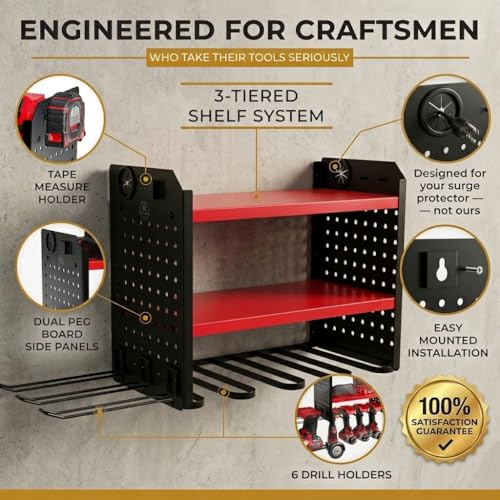 BUILTSTRONG Power Tool Organizer Wall Mount – 3-Tier Heavy-Duty Steel Rack, 6 Drill Slots, Dual Pegboard Sides, Side-by-Side Modular, 100 lb Capacity – Garage & Workshop (Red) - color: Red, size: 6 Drill Holder