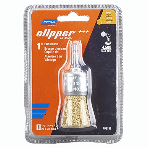 Norton Wire Brush, Clipper 1" Wire End for Drill and Pencil Grinder, Coated Brass Brush for Cleaning, Crimped Wire Metal Brush, Pack of 1