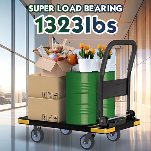 Medium-Duty Foldable Platform Cart with 4 Wheels & 1323LB Capacity - 2 Swivel & 2 Fixed Wheels, Compact Push Cart Dolly Black Plastic Trolley, 5-Inch Wheels, Spare Tire & Anti-Collision Corners - color: 1323lb Capacity