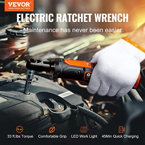 VEVOR 3/8" Cordless Electric Ratchet Wrench Set, 33 Ft-lbs 12V Power Ratchet Tool Kit with 45-Min Fast Charge, 2-Pack 2.0Ah Battery, Built-in LED Light, Variable Speed Trigger, 10 Sockets - size: 11.02 in, style: Standard