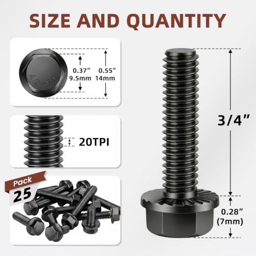 Mellewell 1/4-20 x 3/4" Flanged Hex Head Bolts Flange Hexagon Screws, Stainless Steel A2 Black Finish, DIN 6921, 25 PCS - color: Black, size: 1/4-20 x 3/4"