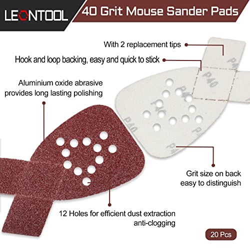 20 Pcs Mouse Detail Sander Sandpaper 40 Grit 12 Hole Mouse Sander Pads with 2 Extra Tips for Replacement Hook and Loop Sandpaper Triangle Sanding Sheets Aluminum Oxide Sanding Pads - style: 40 Grit